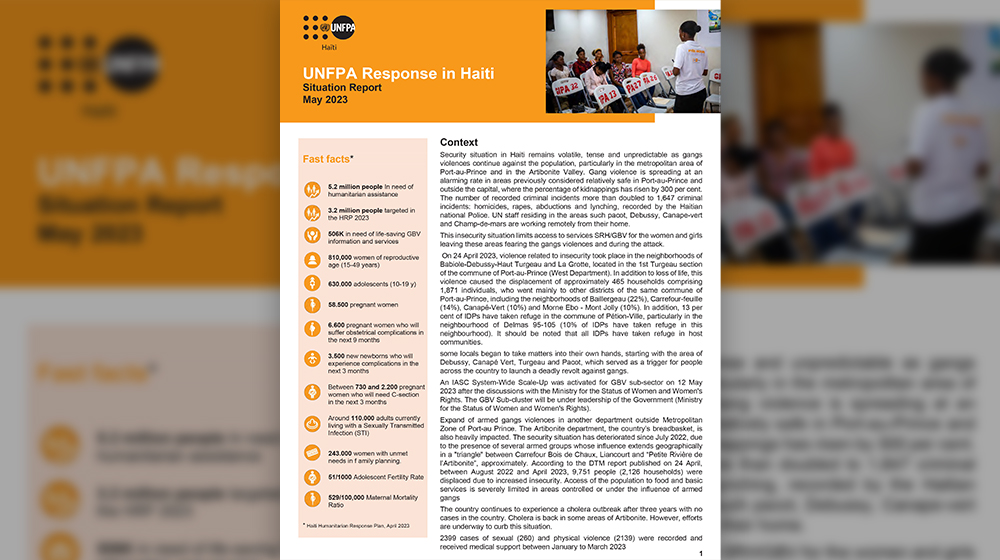 This situation report (Sit Rep) describes UNFPA's actions in response to the needs of the population in the face of gender-based