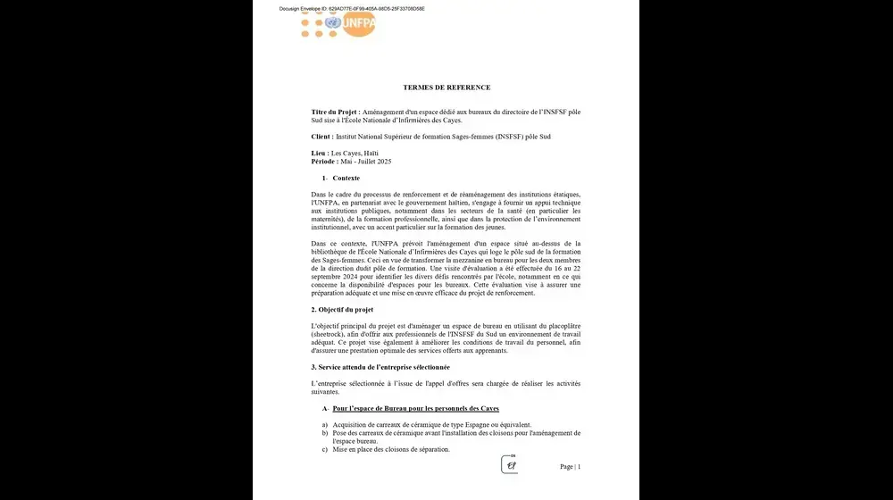 Recherche par l'UNFPA d'une entreprise de construction ou de rénovation qualifiée pour réaliser des travaux d’aménagement intérieur au profit du Directoire de l’INSFSF dans le département du Sud