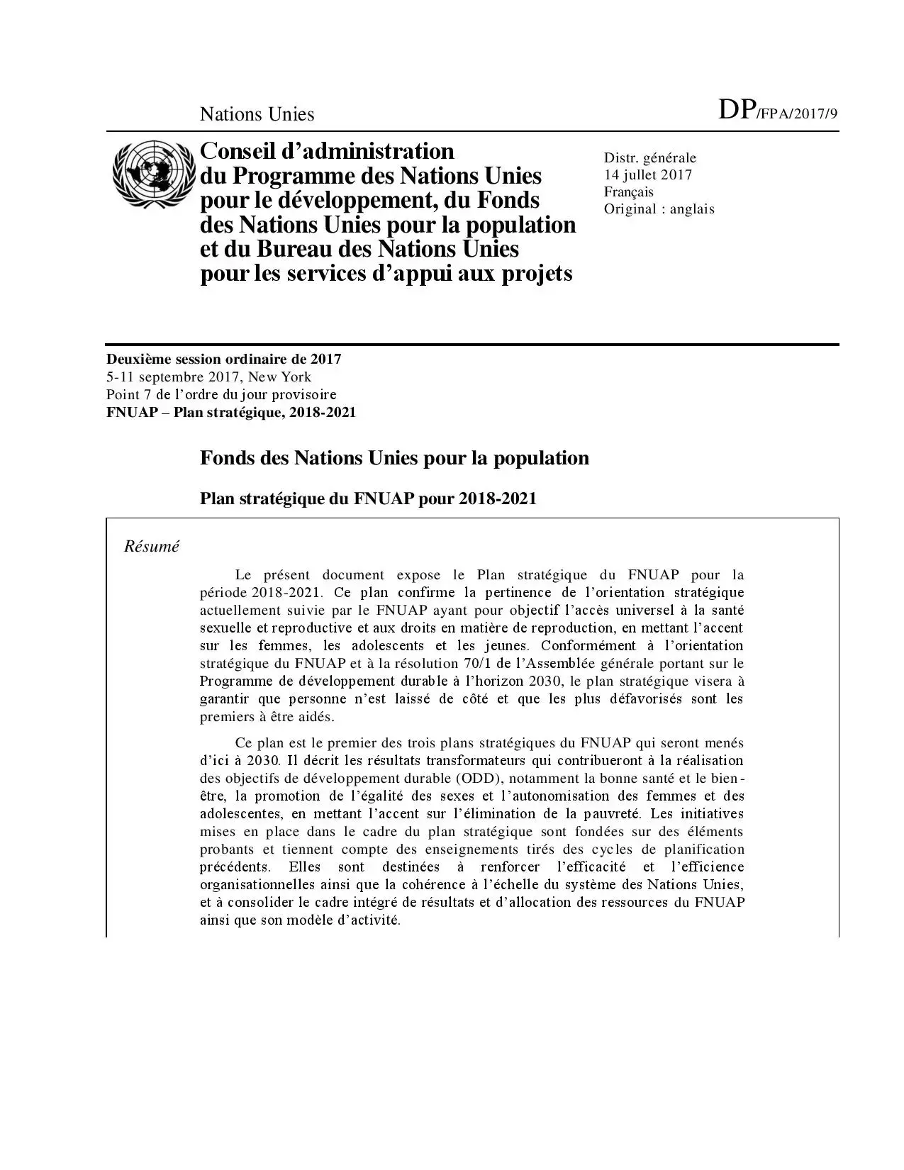 Plan stratégique de l’UNFPA pour 2018-2021