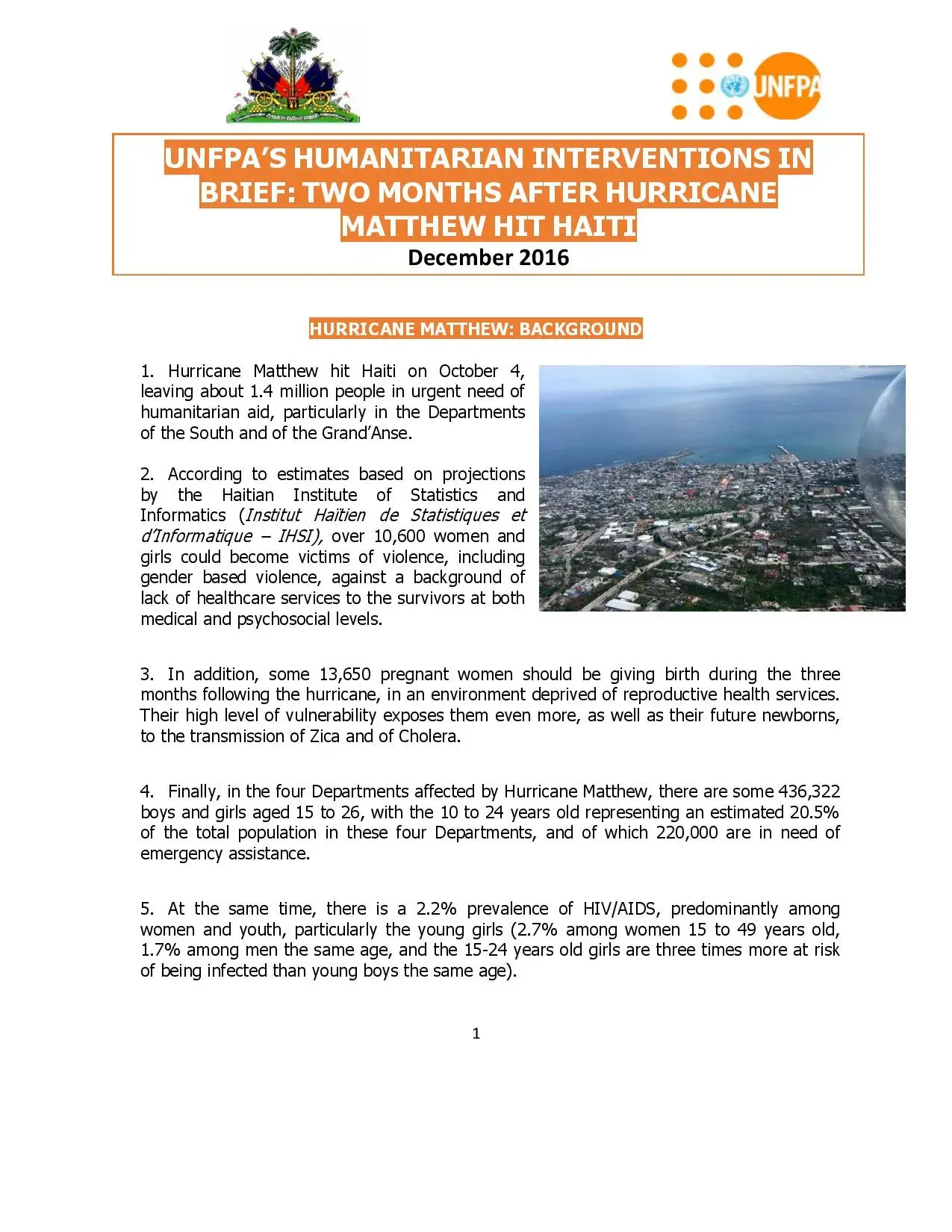 New post hurricane Matthew report regarding the UNFPA's humanitarian response in Haiti