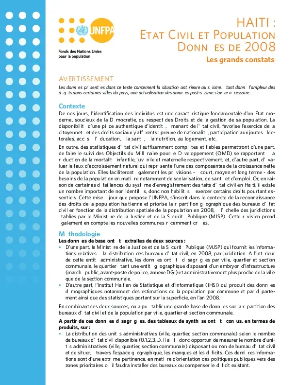 HAITI : ETAT CIVIL ET POPULATION DONNÉES DE 2008